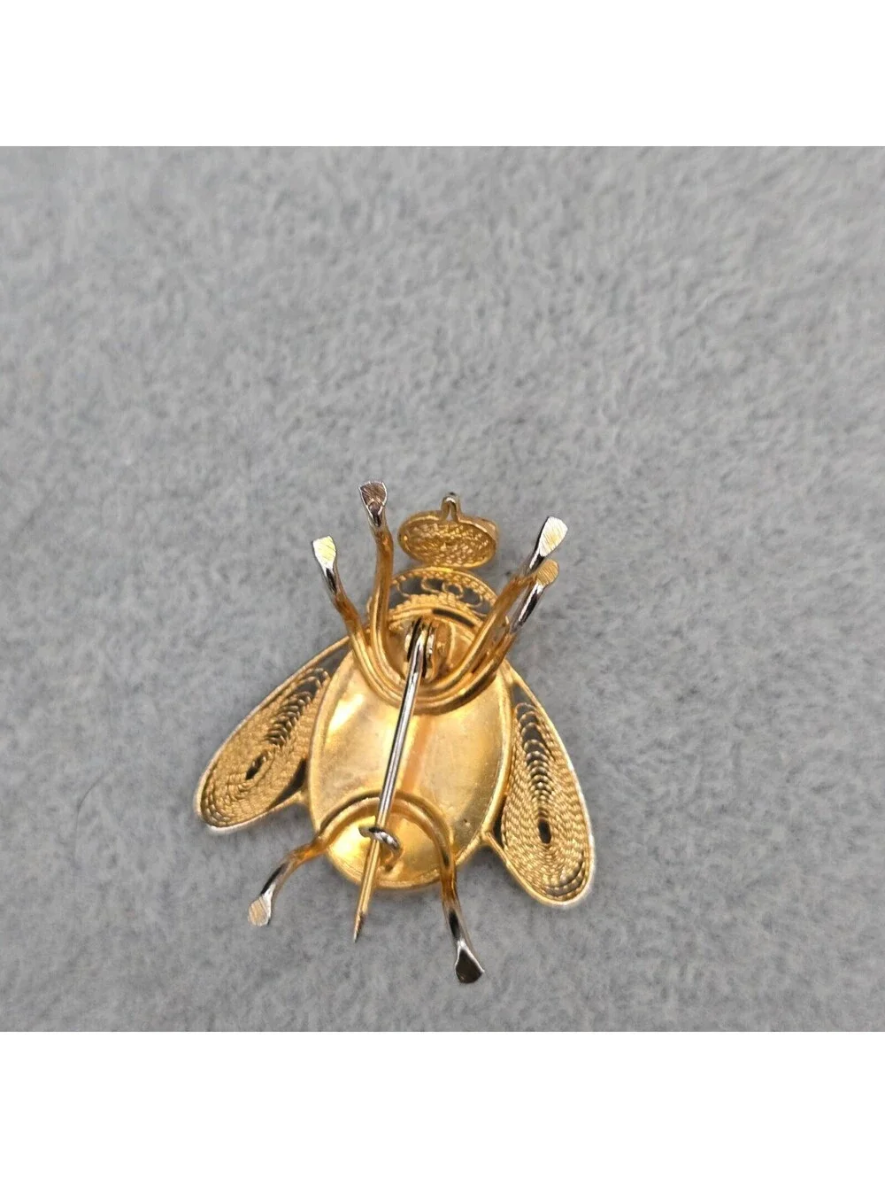 Vintage 1940s Spanish Damascene Fly Brooch Pin Toledo Gold Inlay Filigree Bug